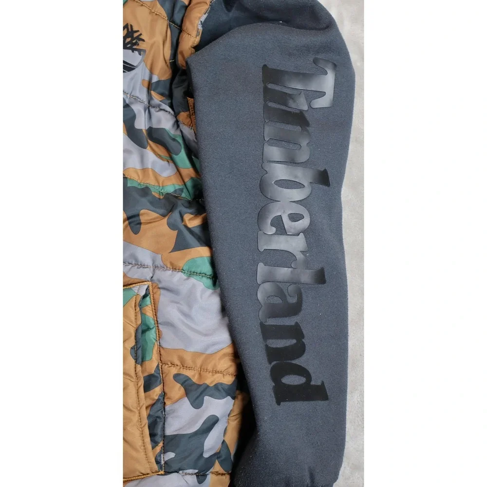Timberland Jacket Boys Large 14/16‎ Camo Hooded Puffer Full Zip Gray Sleeves